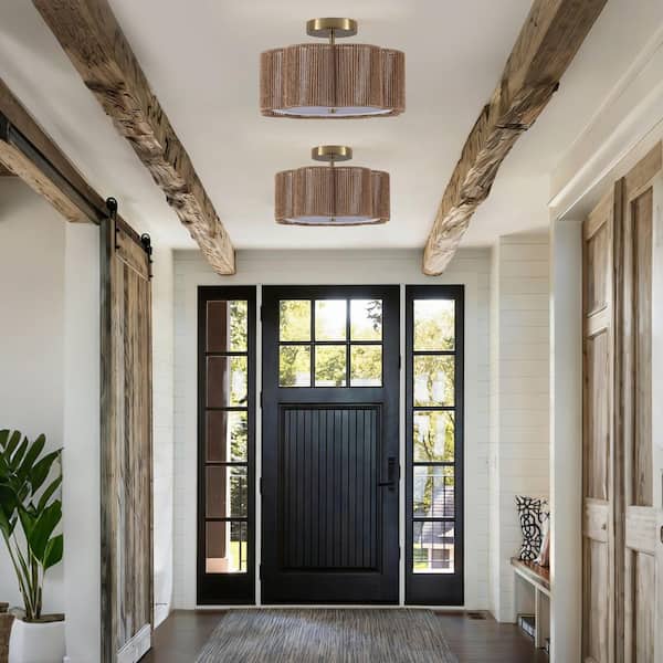 ETONIMERR 13 in. 3-Light Vintage Brass Woven Rattan Pendant Light