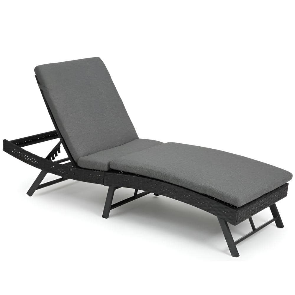 Folding Wicker Rattan Outdoor Chaise Lounge with Adjustable Back, Dark Gray