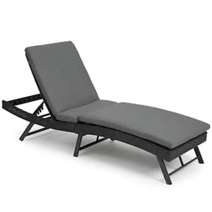 Folding Wicker Rattan Outdoor Chaise Lounge with Adjustable Back, Dark Gray Cushions and Folding Table for Patio, Pool