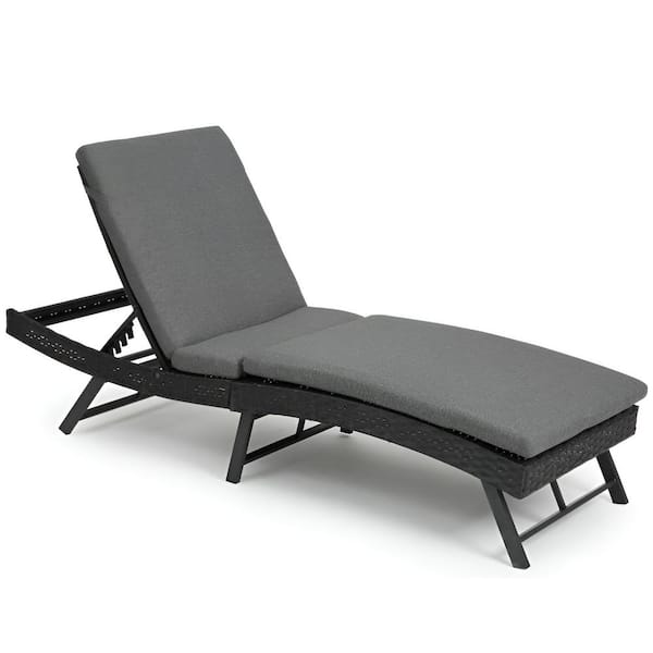 Unbranded Folding Wicker Rattan Outdoor Chaise Lounge with Adjustable Back, Dark Gray Cushions and Folding Table for Patio, Pool
