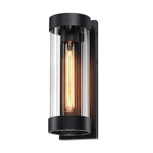 Hary 1-Light 13 in. Outdoor Wall Light with Matte Black Finish with Clear Glass Cylinder Shade