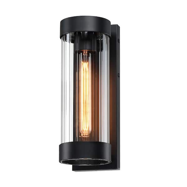Hukoro Hary 1-Light 13 in. Outdoor Wall Light with Matte Black Finish with Clear Glass Cylinder Shade