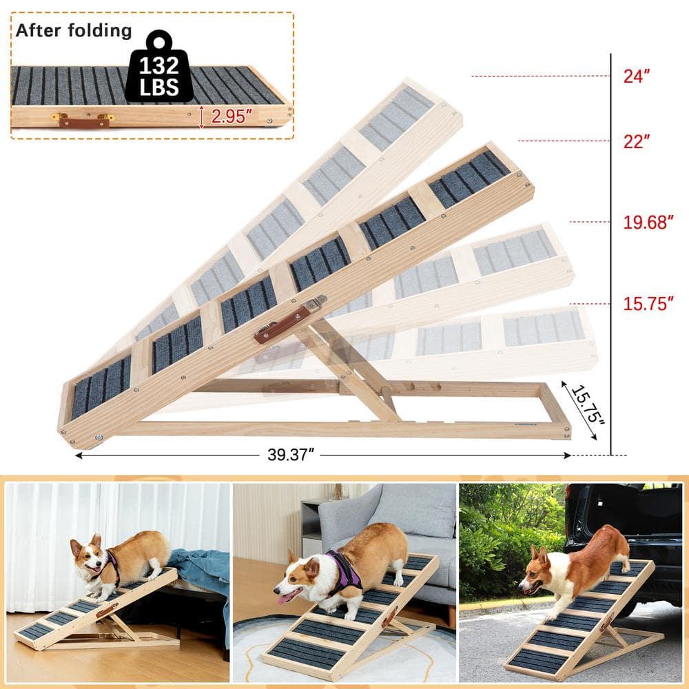 Adjustable Natural Pinewood Folding Pet Ramp with Gray Carpet