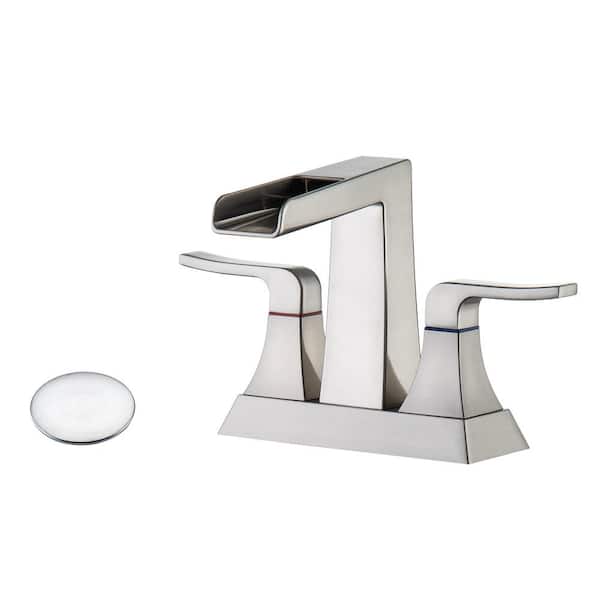 Staykiwi 4 in. Center set Double Handle Mid Arc Bathroom Faucet with Drain Kit Included in Brushed Nickel