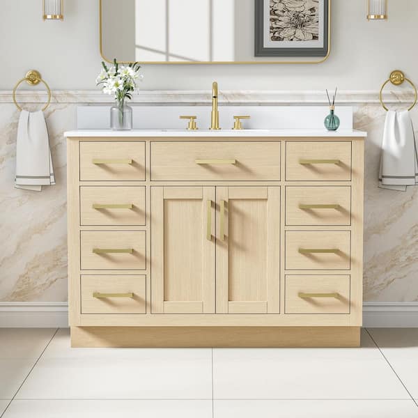 48 in. Freestanding Solid Wood Oak Bath Vanity with White Cultured Marble Top Assembled