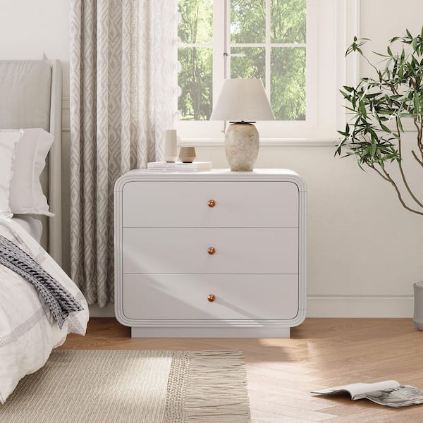 Creston Modern Ivory White 3-Drawer Curved-Edge Bedside Table Nightstand