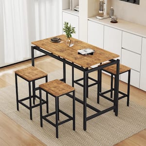 5-Piece Space-Saving Brown Bar Table Set with MDF TOP Table and Stools Seats 4