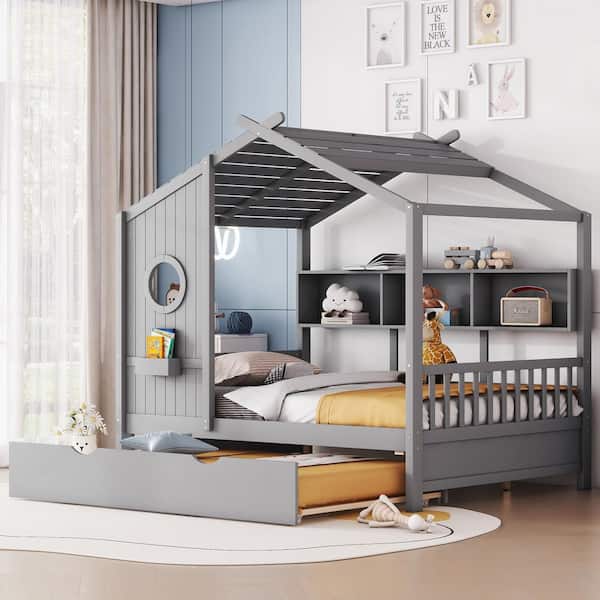 Harper & Bright Designs Modern Gray Wood Full Size House Bed with Trundle, Storage Shelves and Shelf Compartment