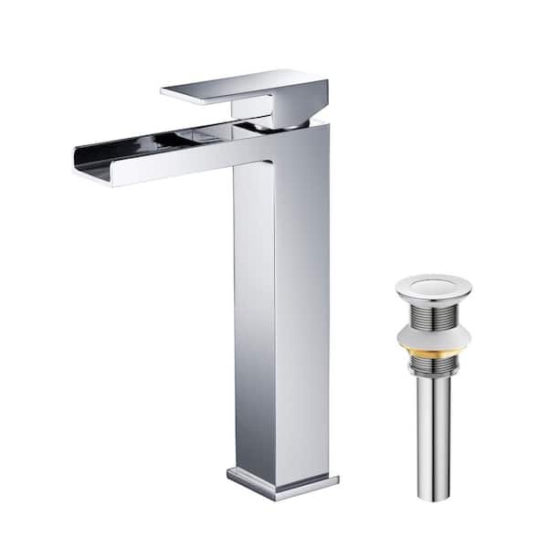 KIBI Single Hole Waterfall Single Handle Bathroom Vessel Sink Faucet with Pop Up Drain in Chrome
