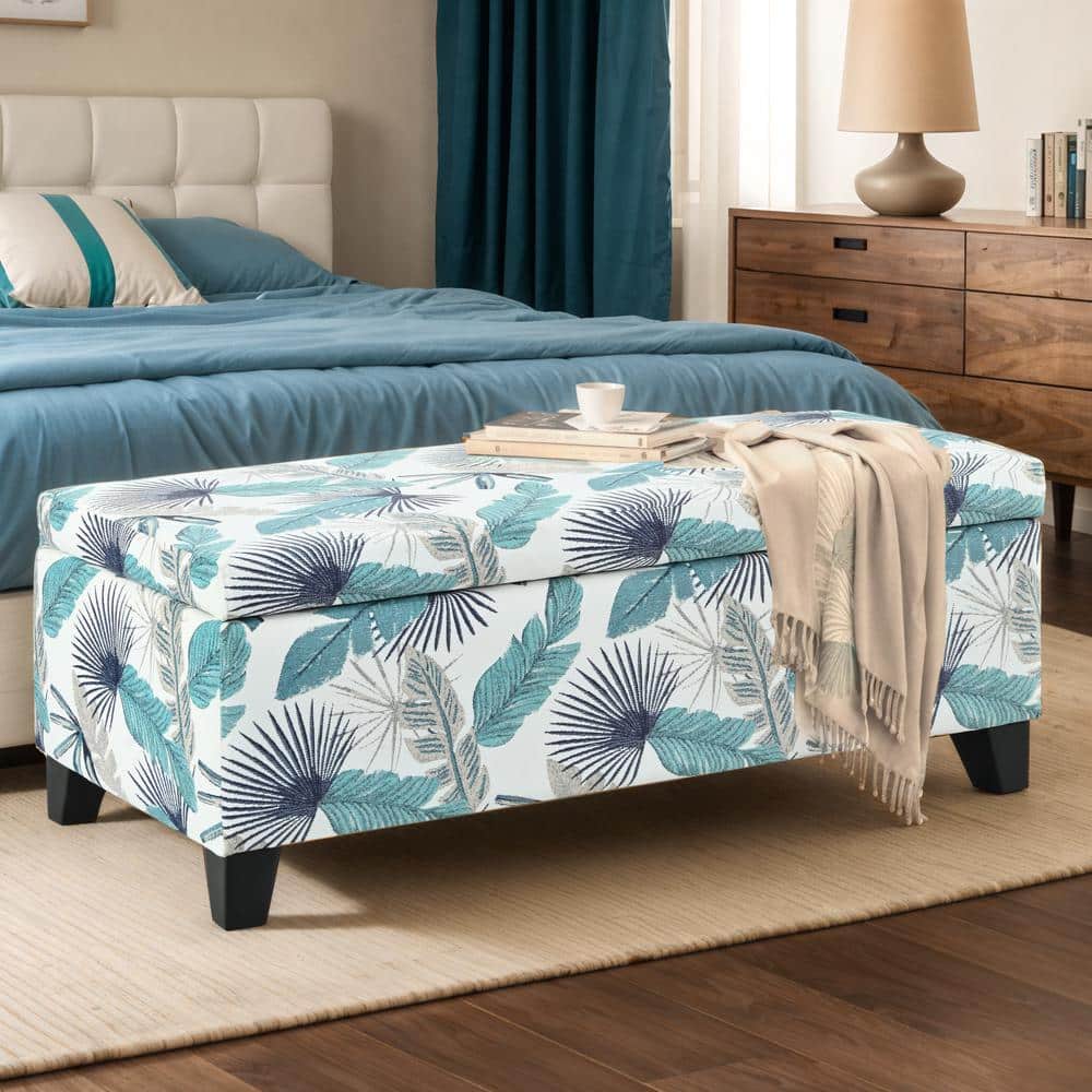 Blue and White Floral Upholstered Storage Ottoman with Birch Wood Legs