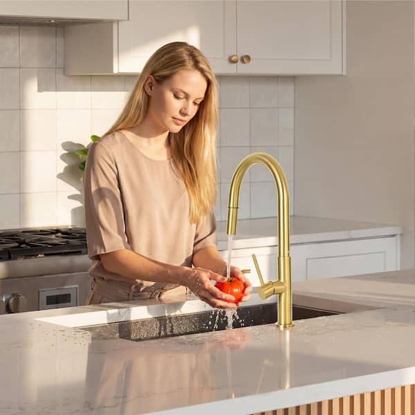 Akicon Brushed Gold 16.8 in. H Single-Handle Pull-Down Sprayer Kitchen Faucet with 360° Spout Swivel