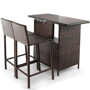 3-Piece Wicker Outdoor Serving Bar Set Height Table 2-Stools with 3-Rows Stemware Racks Garden