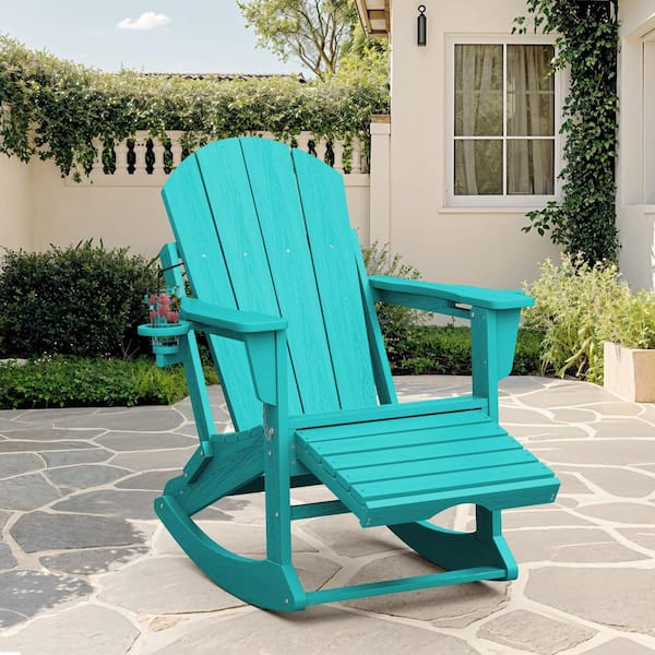 Adirondack Plastic HDPE Folding Outdoor Rocking Chair with Retractable Ottoman and Cup Holder for Patios in Peacock Blue
