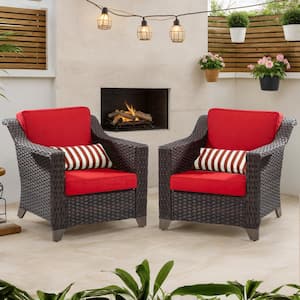 Patio Wicker Outdoor Lounge Chair with Thick Baby Red Cushions (2-Piece)
