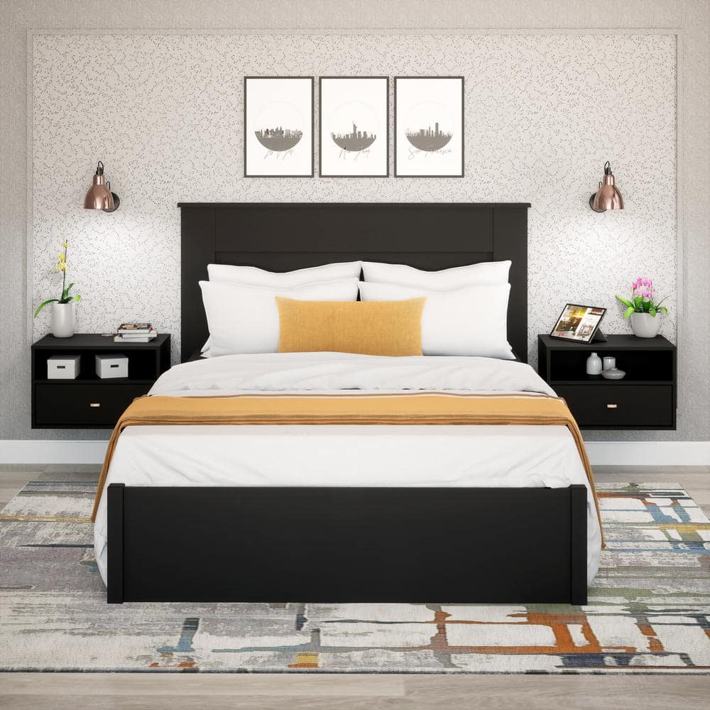 Set of 2 Black Floating Nightstands with Brass Handles