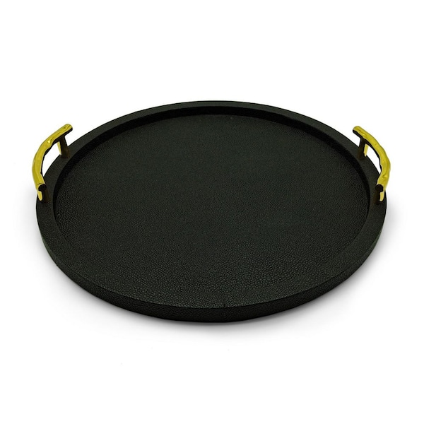Black Round Serveware Serving Tray With Gold Handles