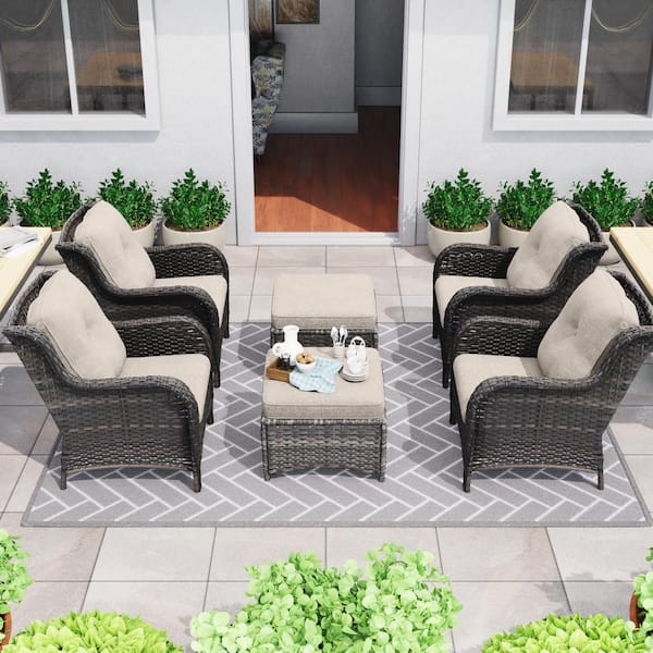 Gardenbee 6-Piece Wicker Outdoor Patio Conversation Lounge Chair Set with Beige Cushions and Ottomans