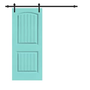 Elegant 30 in. x 80 in. Mint Green Stained Composite MDF 2 Panel Camber Top Sliding Barn Door with Hardware Kit