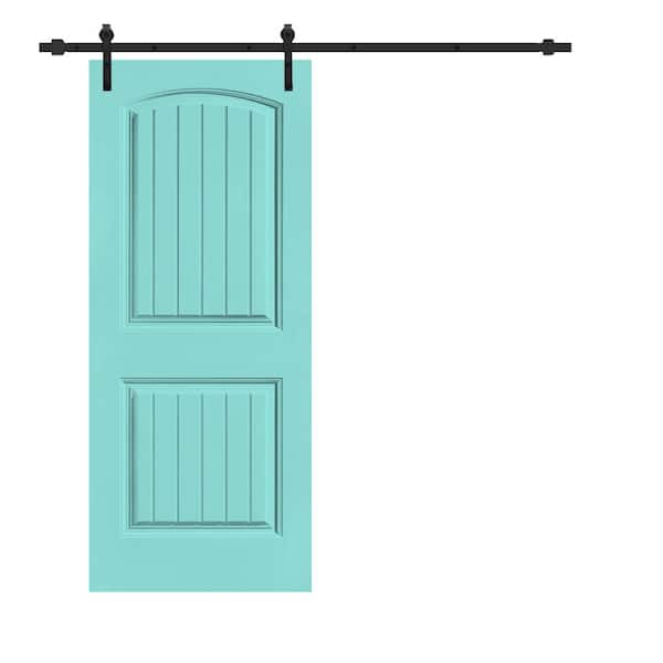CALHOME Elegant 30 in. x 80 in. Mint Green Stained Composite MDF 2 Panel Camber Top Sliding Barn Door with Hardware Kit