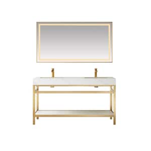 Funes 60 in. W x 22 in. D x 34 in. H Double Sink Bath Vanity in Brushed Gold with White Natural Stone Top and Mirror