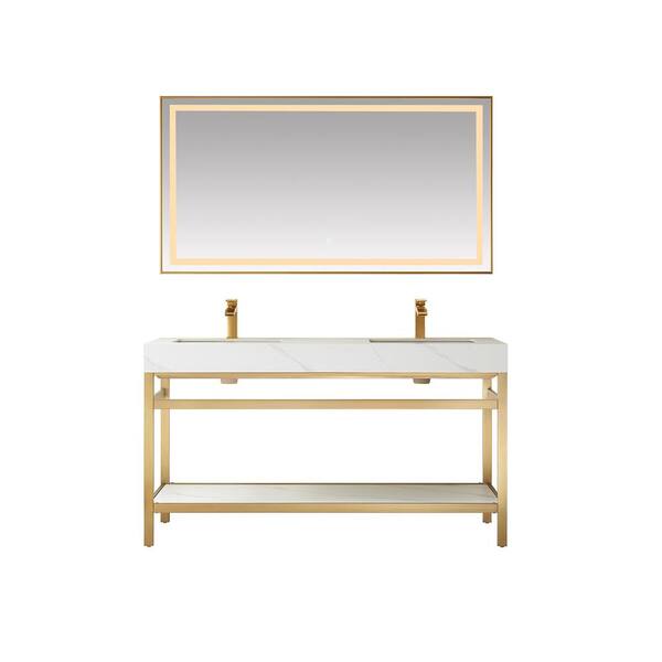 ROSWELL Funes 60 in. W x 22 in. D x 34 in. H Double Sink Bath Vanity in Brushed Gold with White Natural Stone Top and Mirror