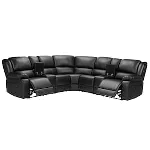 107.5 in. Leather Motion Sofa Living Room Manual Reclining Corner Sectional Sofa with Cup Holder and Coffee Holder,Black