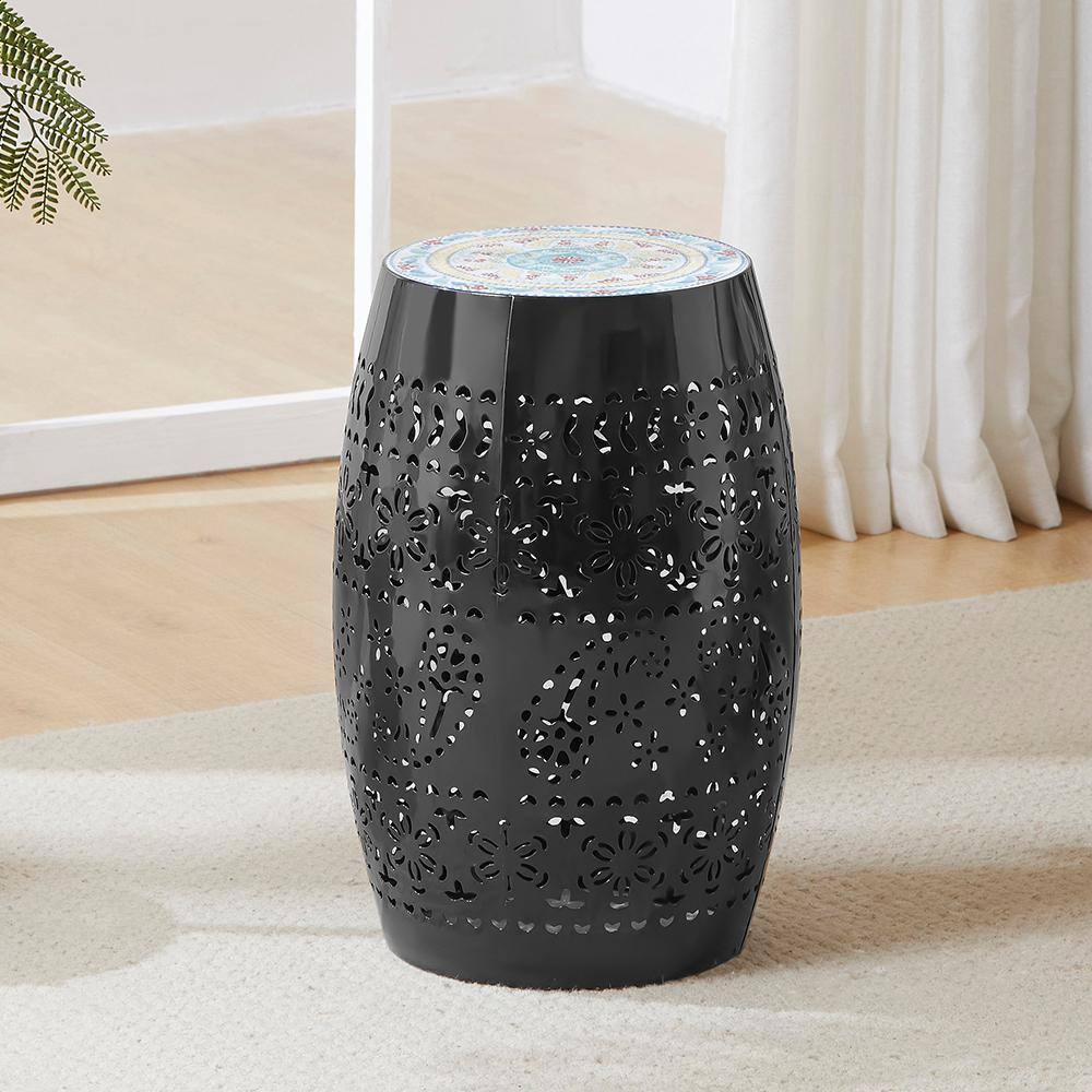 12 in. Ceramic Black Tile Iron Side Table for snacks, beverages, and plants
