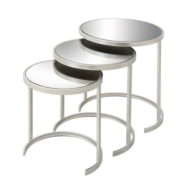 18 in. Silver Nesting Large Round Mirrored End Accent Table with Mirrored Glass Top (3- Pieces)
