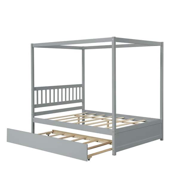 Gray Wood Frame Full Size Platform Bed with Twin Size Trundle and Canopy