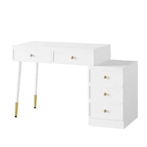 Helotes 1-Piece White Makeup Vanity Table with 2-Large Drawers and 3-Drawer Side Cabinet for Bedroom, Women, Girls