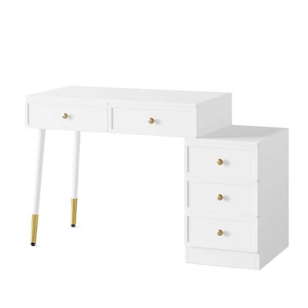 BYBLIGHT Helotes 1-Piece White Makeup Vanity Table with 2-Large Drawers and 3-Drawer Side Cabinet for Bedroom, Women, Girls