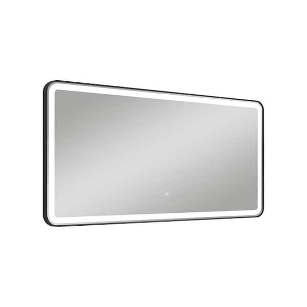 ANGELES HOME 60 in. W x 28 in. H Large Rectangular Aluminum Framed Wall Mount LED Light Bathroom Vanity Mirror in Matte Black