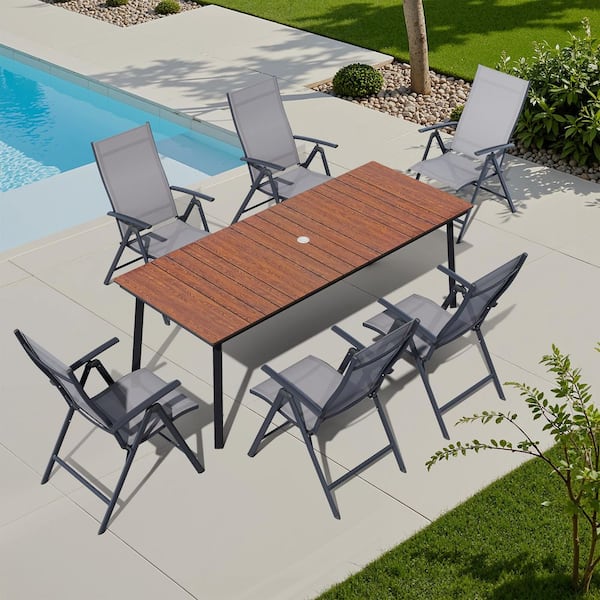 7-Piece 80 in. Walnut Metal Wood-Like Patio Outdoor Dining Set with Umbrella Hole, Gray Adjustable Back Chair