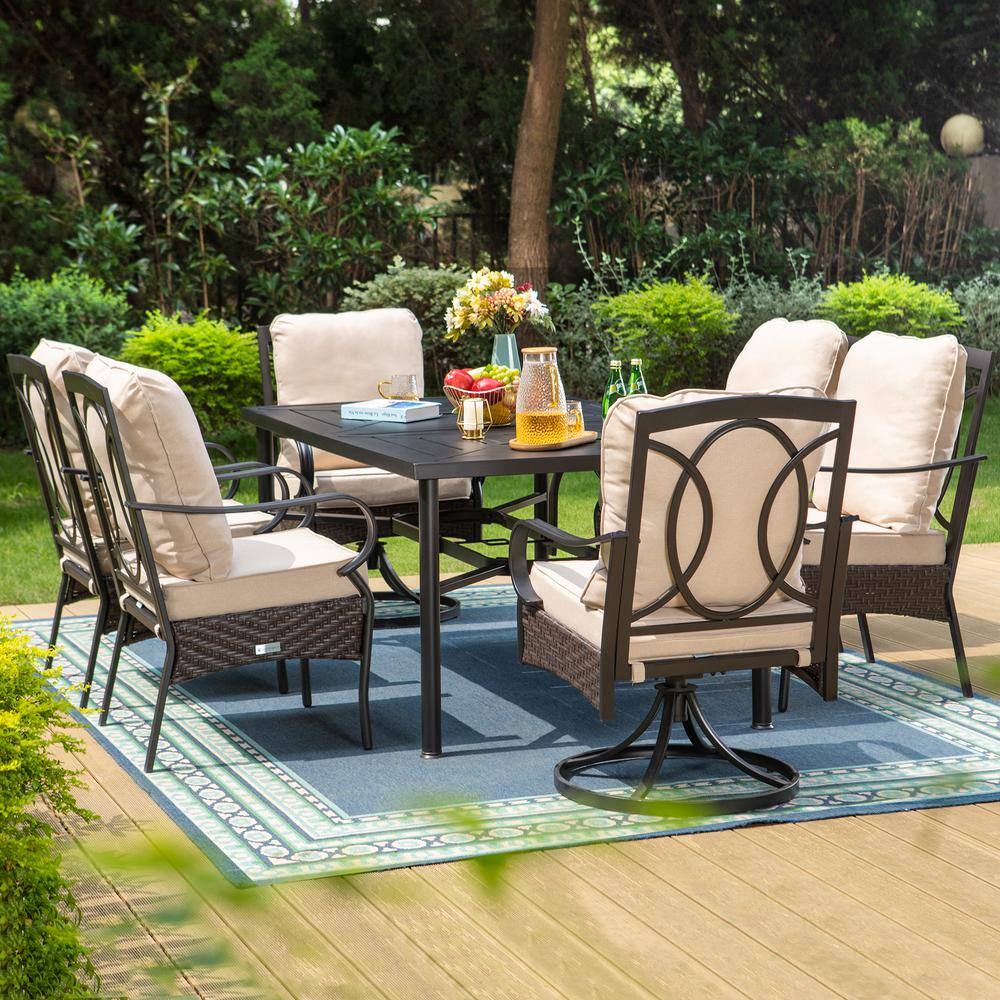 PHI VILLA 7-Piece Metal Patio Outdoor Dining Set with Black Rectangle ...