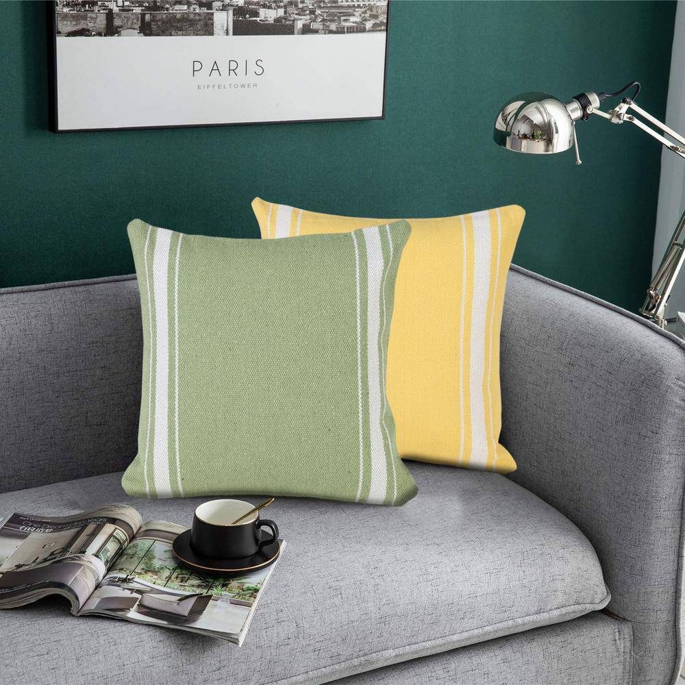 Yellow and White Cotton Striped 20" Square Throw Pillow
