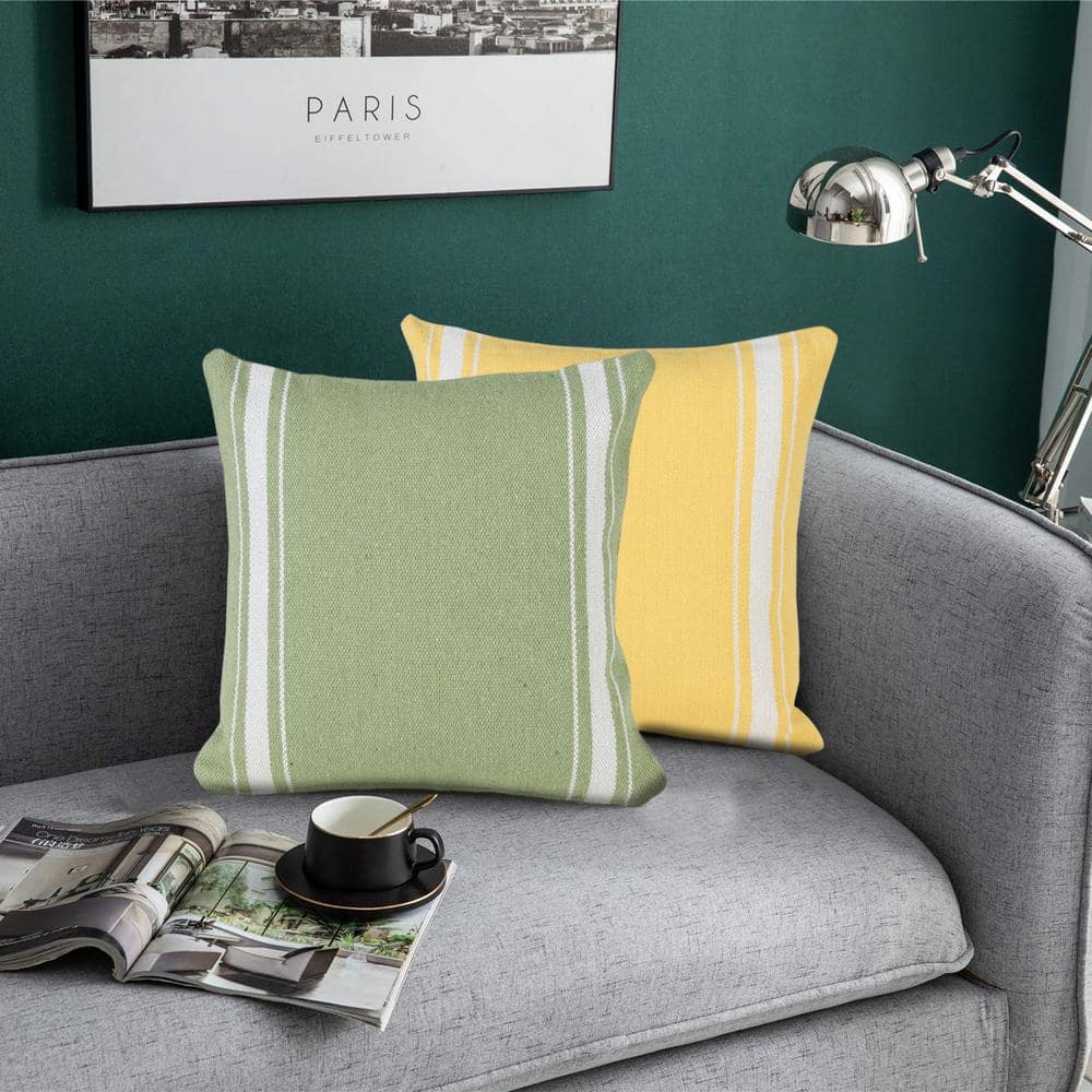 Balanced Green and White Cotton Striped 20" Square Throw Pillow