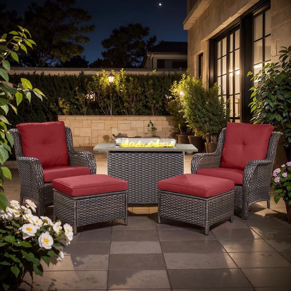 5-Piece Brown Wicker Fire Pit Conversation Set with Olefin Red Cushions and Curved Arm Lounge Chairs and Ottoman