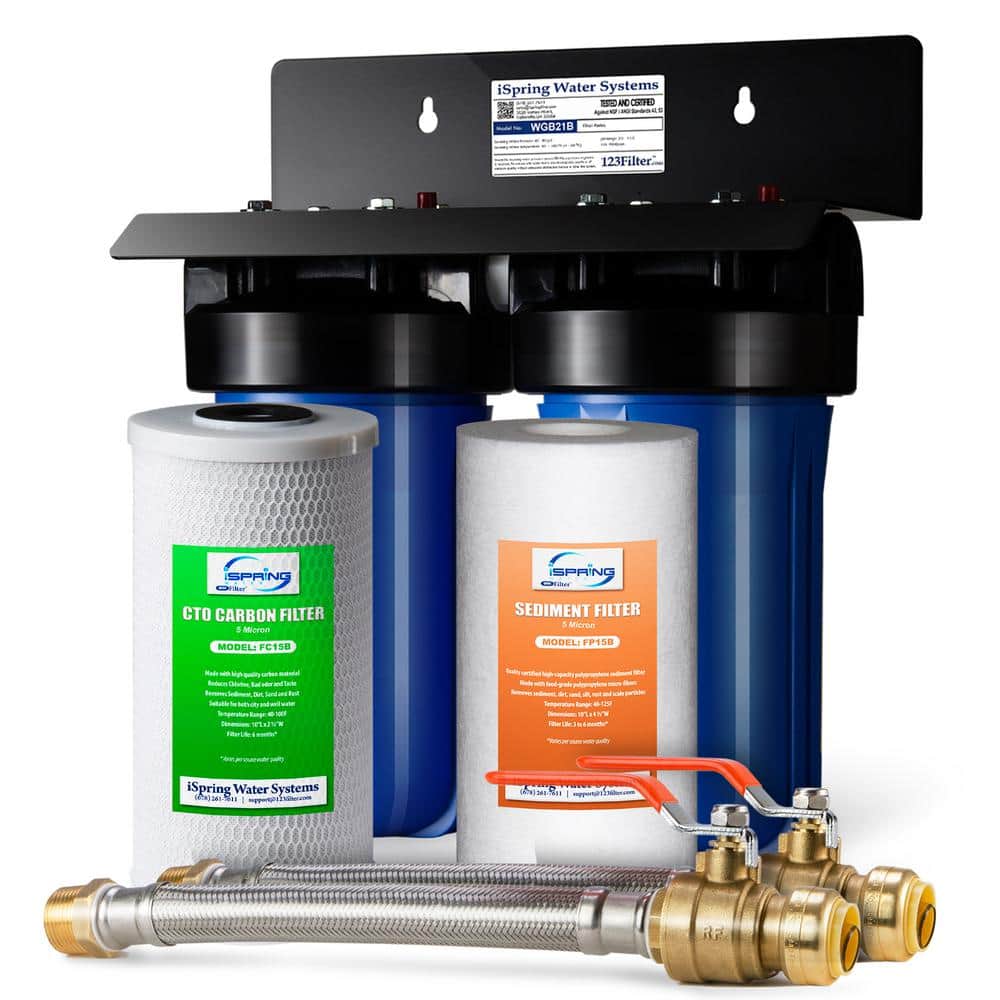 ISPRING 2-Stage Whole House Water Filtration System, 50000 Gal. Capacity with 3/4 in. Push-Fit Hose Connectors and Ball Valve, Sediment+CTO+Hoses