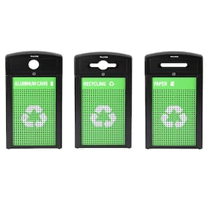 120 Gal. Steel All-Weather Commercial Outdoor Recycling Bin Triple Station, Cans, Plastic Glass, Paper, with Liners