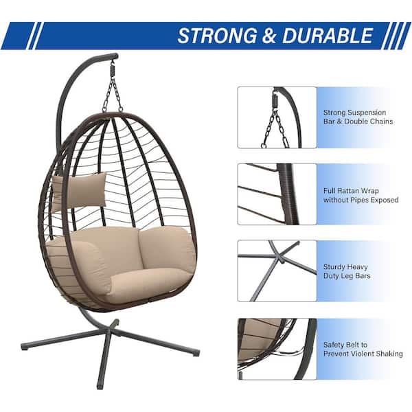 BULEXYARD Hanging Egg Swing Chair With Stand Indoor Outdoor 350lbs Capacity, Beige Wicker Hammock Egg Basket Chair With Beige Thickened Cushion For Bedroom Balcony Garden Porch Patio