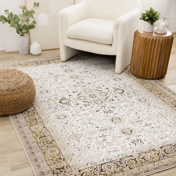 Veridian Collections 5 ft. x 8 ft. Beige Border, Classic, Elegant Indoor Area Rug