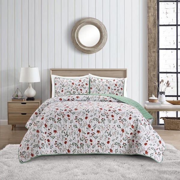 VIDERI HOME Floral Botanical Green Full/Queen Microfiber Quilt Set