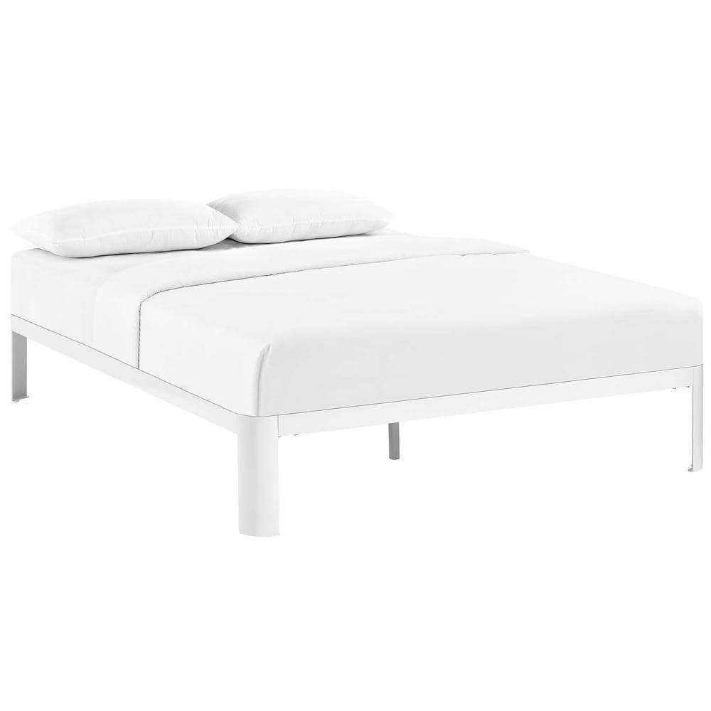 White Full Metal Bed Frame with Wood Slats
