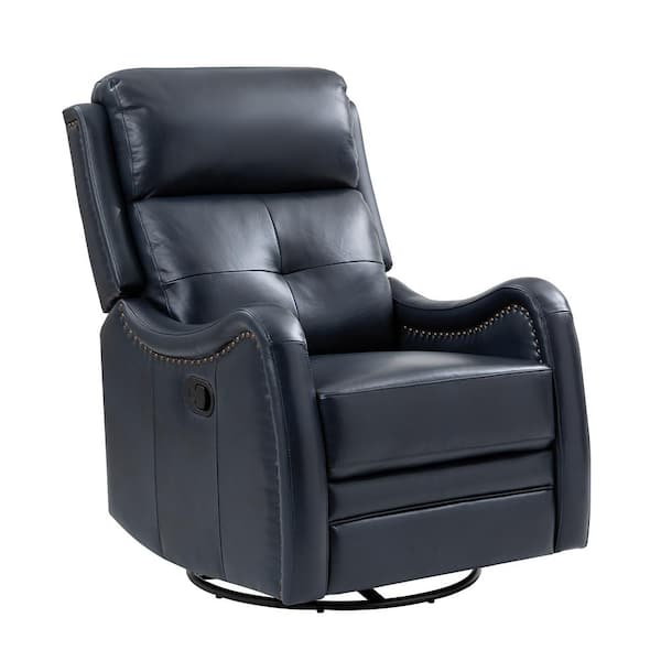 JAYDEN CREATION Gema Navy Genuine Leather Swivel Rocker Recliner with Nailhead Trims for Living Room