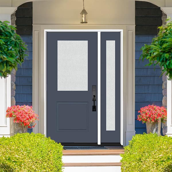 Legacy 51 in. W x 80 in. 1/2 Lite Rain Glass RHOS Primed Dark Denim Finish Fiberglass Prehung Front Door with 12 in. SL