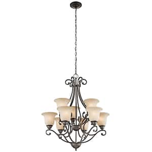 Camerena 30 in. 9-Light Olde Bronze 2-Tier Traditional Shaded Bell Chandelier for Dining Room