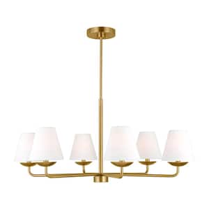 Albion 6-Light Satin Brass Large Chandelier with White Linen Fabric Shades and No Bulbs Included