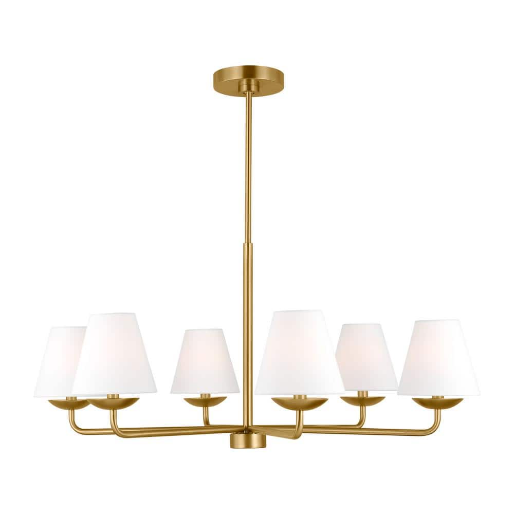 Albion Satin Brass 6-Light Chandelier with White Linen Shades