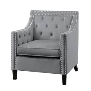 Gray and Black Velvet Armchair with Button Tufted and Nailhead Trim