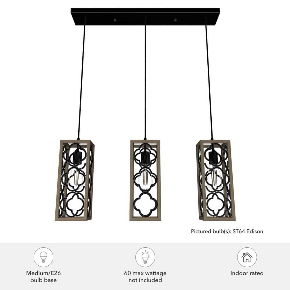 French Oak and Black Aluminum 3-Light Pendant